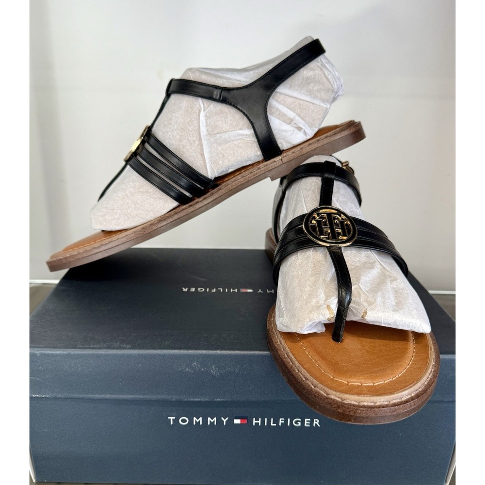Tommy Hilfiger Brailo Black T-Strap Flat Sandals Gold Monogram Medallion 10M